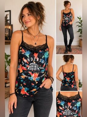 Salem Witch Museum Sanderson Black Flame Candle Lace Cami Tank S/M